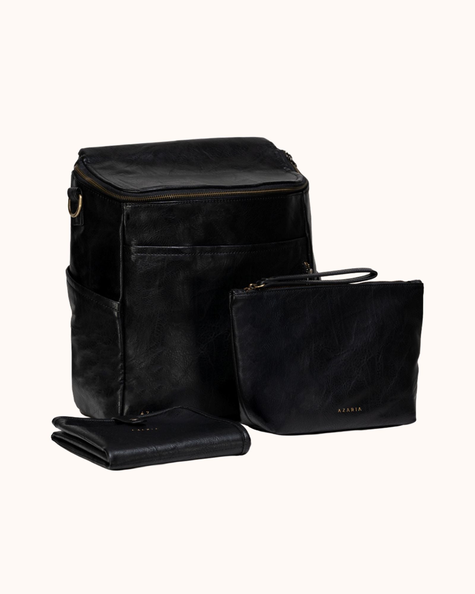 Vegan leather black diaper bag set on white background