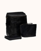 Vegan leather black diaper bag set on white background