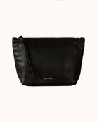 Black vegan leather insulated snack pouch with a strap on a white background